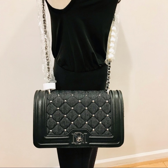 Badgley Mishka black denim, vegan leather adorned with square metal nails bag. - Picture 4 of 15